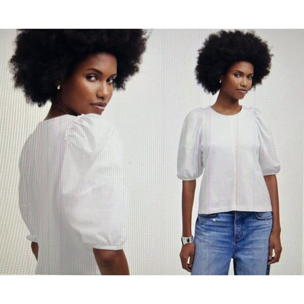 Madewell Womens Short Puff-Sleeve Tee Shirt White Size S